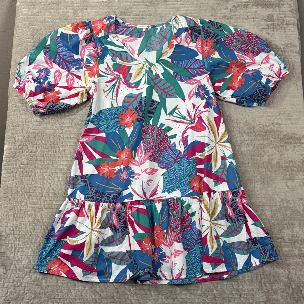 Sundry Mini Sun All Day Dress Floral Ruffle Tiered Puff Sleeve Cotton Womens L